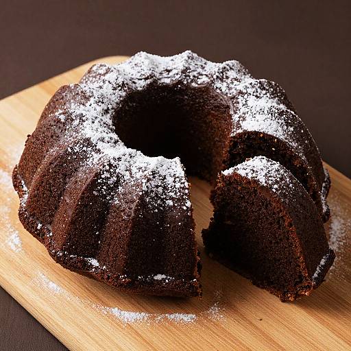 Photograph of a rich, dark chocolate bundt cake with a large bite missing, dusted with powdered sugar, on a wooden board against a black