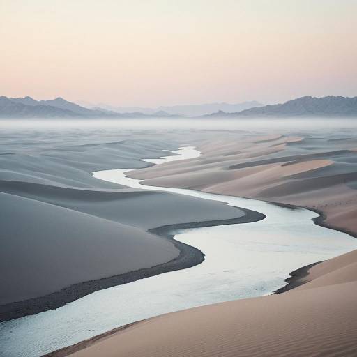 Desert Dunes and Misty River at Dawn