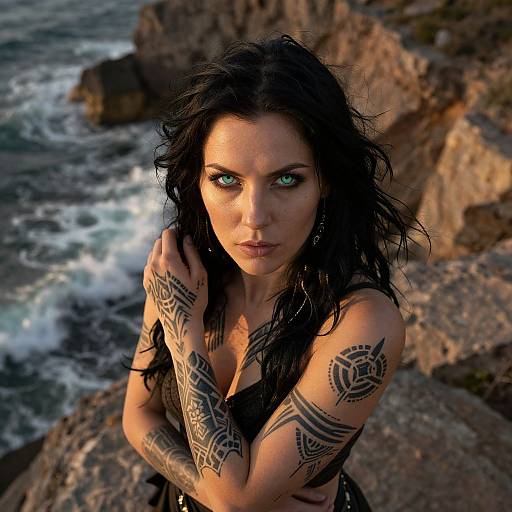 Photograph of a tattooed woman with piercing blue eyes, long black hair, and black dress, standing on rocky coastline with waves in background.