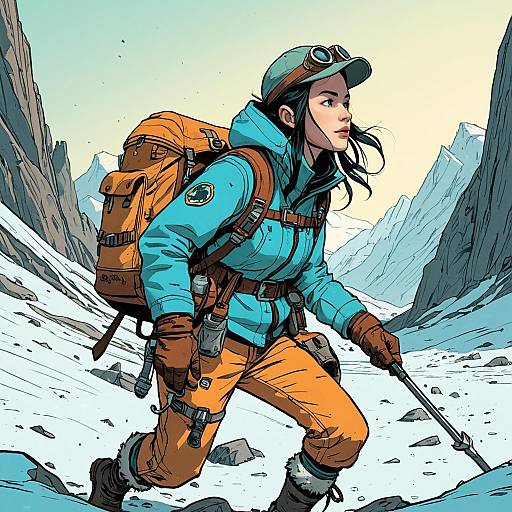 Female Explorer Hiking in Snowy Mountains