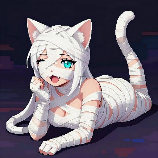 Digital anime-style drawing of a cute, white-bandaged cat-girl with blue eyes, lying on her stomach, playfully winking, and sticking out