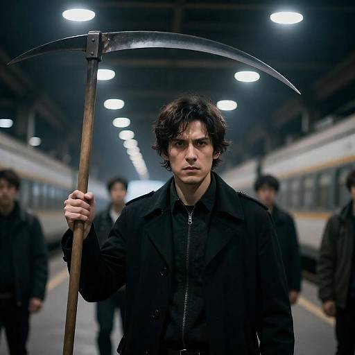 Mysterious Figure in Industrial Train Yard