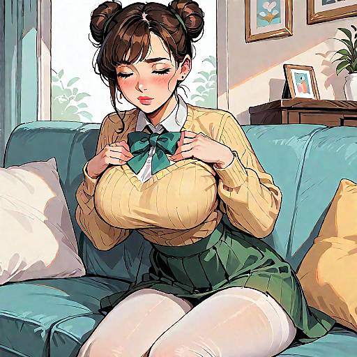 Anime Girl Sitting on Couch with Double Buns Hairstyle