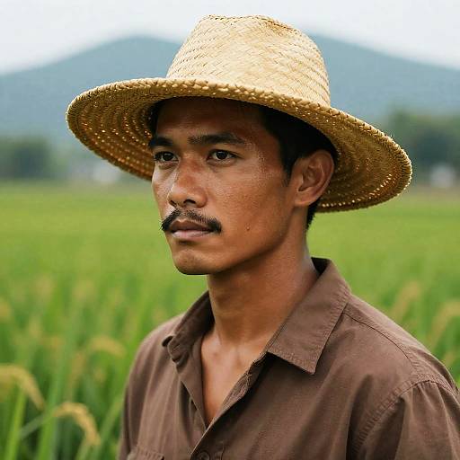 Striking Tan-Skinned Man in Rice Field