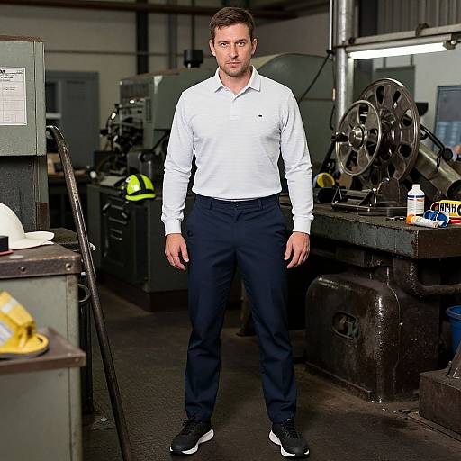 Photograph of a serious, handsome man in a white shirt and black pants standing in a dimly lit industrial workshop with machinery, yellow hard hat,
