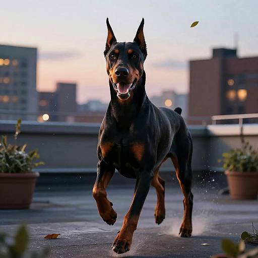 Doberman Pinscher Running on Urban Rooftop