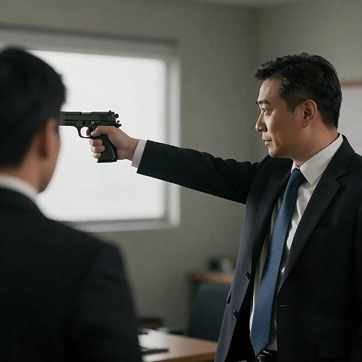 Man in Suit Pointing Gun Indoors