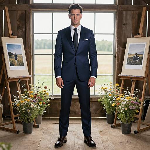 Photograph of a handsome man in a black suit standing between two easels with floral paintings, surrounded by flower pots, in a wooden room with a
