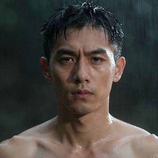 Wet Serious Asian Man in Rain