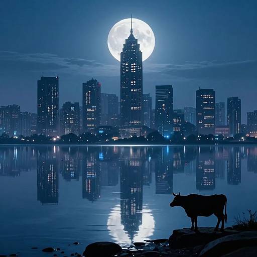Digital artwork of a nighttime cityscape with a full moon, reflecting on a calm river. A silhouetted cow stands on a rock in the