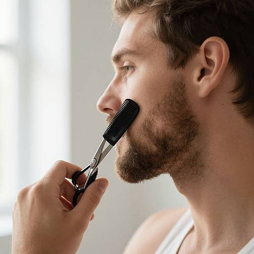 Photograph of a bearded man with light brown hair using a black electric trimmer to shave his beard, wearing a white tank top, against a