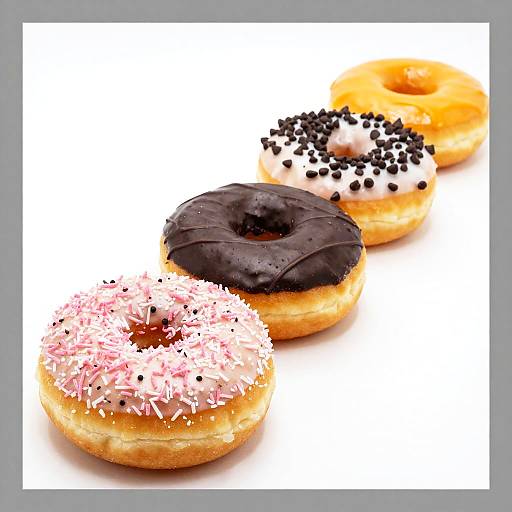 Photograph of five donuts: pink with white sprinkles, dark chocolate glazed, white with black sprinkles, yellow plain, and white with black