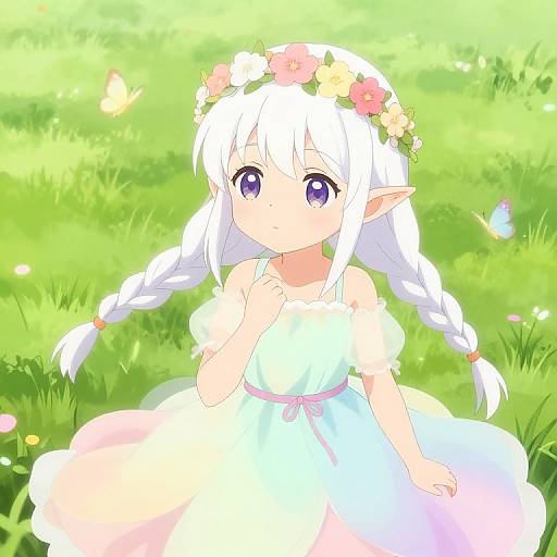 Anime-style drawing of a cute, white-haired, purple-eyed elven girl with braided pigtails, flower crown, and pastel dress,