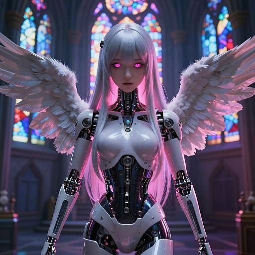 Digital art of a glowing-eyed, white-haired, robotic angel with pink highlights, white wings, and black mechanical corset in a stained-glass cathedral