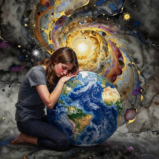 Photograph-style digital art: Sad young woman in gray shirt kneels, resting head on large, colorful Earth; cosmic swirls and stars glow behind