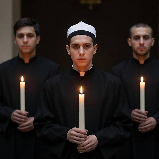 Three Men in Black Robes with Candles