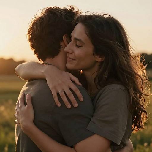 Photograph of a loving couple hugging outdoors at sunset, both wearing dark gray shirts, the woman with long wavy brown hair, the man with