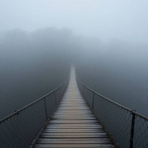 Photograph of a misty, narrow wooden suspension bridge with metal mesh sides, disappearing into dense fog at the distant end.