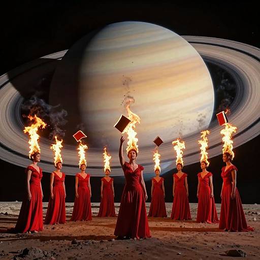 Photographic image of ten women in red dresses holding flaming torches, standing on moon-like surface with Saturn and rings in background.