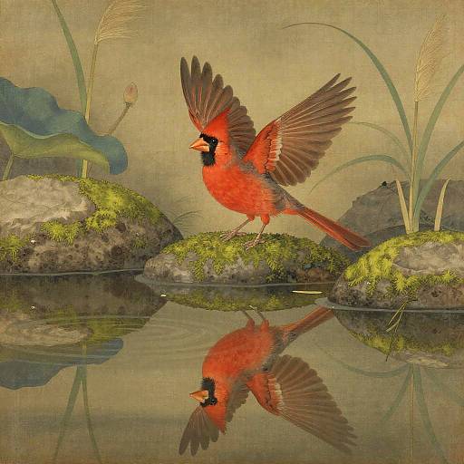 Crimson Cardinal by Woodland Pond