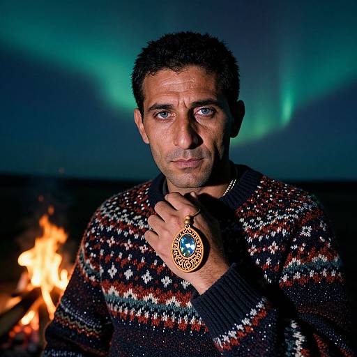 Photograph of a middle-aged man with short curly hair, wearing a patterned sweater, holding a large blue ring, under aurora borealis with
