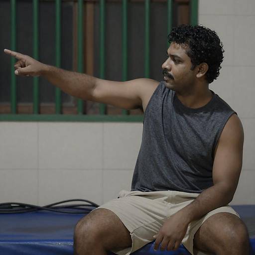 Muscular Man Pointing in Dim Room