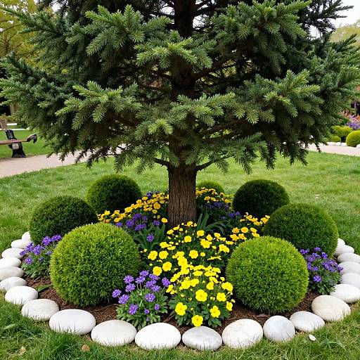 Photograph of a vibrant garden with a large green tree, round green shrubs, yellow and purple flowers, surrounded by white spherical stones.