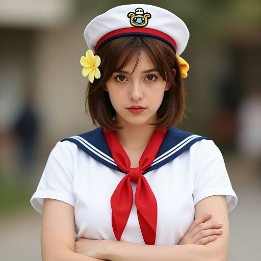 Photograph of an Asian woman with short brown hair, wearing a white sailor uniform with red scarf, yellow flower, and white hat, standing with arms