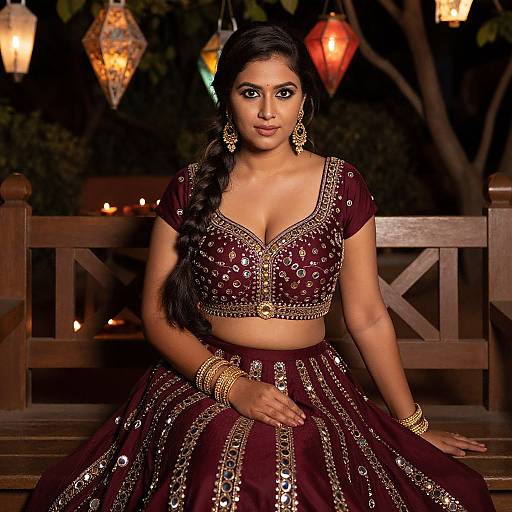 Photograph of an Indian woman with dark hair in a braid, wearing a deep maroon, gold-embellished traditional outfit, seated on