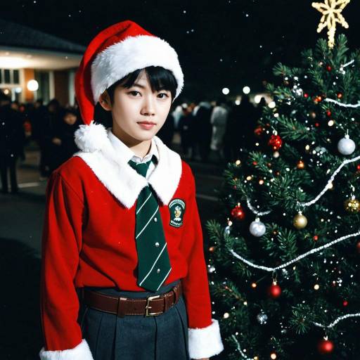 Boy in Santa Hat by Christmas Tree at Night