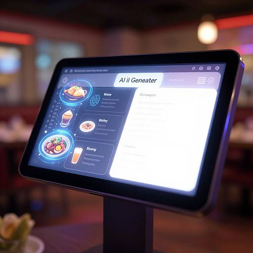 Photograph of a digital tablet in a restaurant, displaying a food ordering app with menu items, against a blurred, dimly-lit background.
