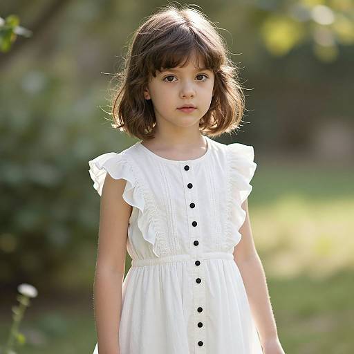 Photograph of a young girl with shoulder-length brown hair, wearing a white dress with black buttons, standing in a sunlit garden.