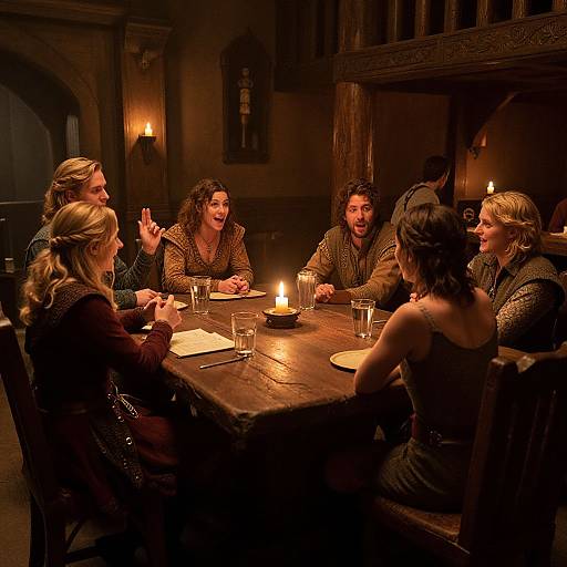 Photograph of six medieval-costumed people sitting around a wooden table with candles, laughing and talking in a dimly lit, rustic room.