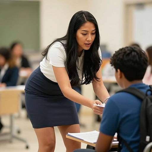 Photograph of an Asian woman with long black hair, white shirt, and navy skirt, handing papers to a seated student in a classroom. Blurred