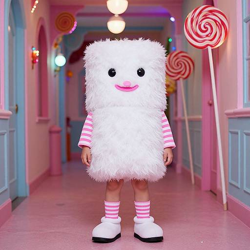 Photograph of a child in a fluffy white costume with pink stripes, white shoes, and black eyes, standing in a pastel-colored hallway with giant