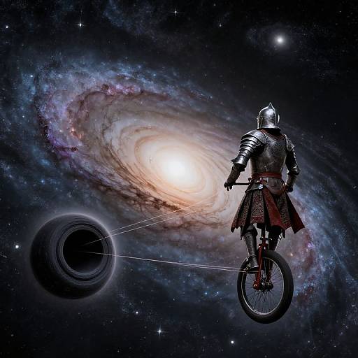 Medieval knight in silver armor and red skirt, helmeted, hovering on bicycle, tethered to black ring near swirling galaxy in starry space.