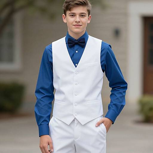 Photograph of a young boy with short brown hair, wearing a blue dress shirt, white vest, white pants, and dark blue bow tie, standing