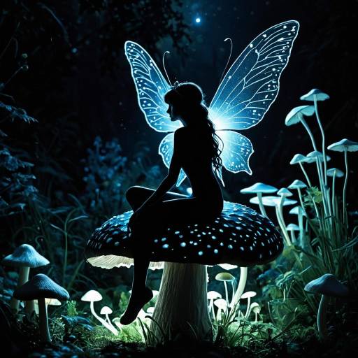 Silhouette of Fairy on Mushroom with Glowing Wings Silhouette of Fairy on Mushroom with Glowing Wings