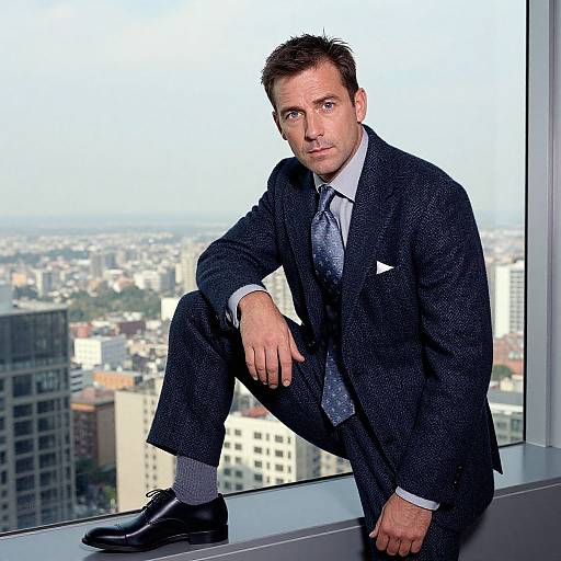 Photograph of a serious, attractive man in a dark suit with a gray tie, sitting on a windowsill, looking at the camera, with a