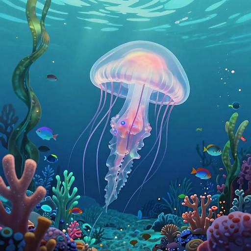 Vibrant digital illustration of a glowing jellyfish with translucent dome and long tentacles, surrounded by colorful coral, fish, and seaweed in a