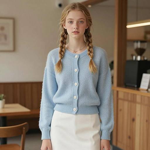 Photograph of a young blonde woman with braided hair, wearing a light blue cardigan and white skirt, standing in a cozy wooden café.