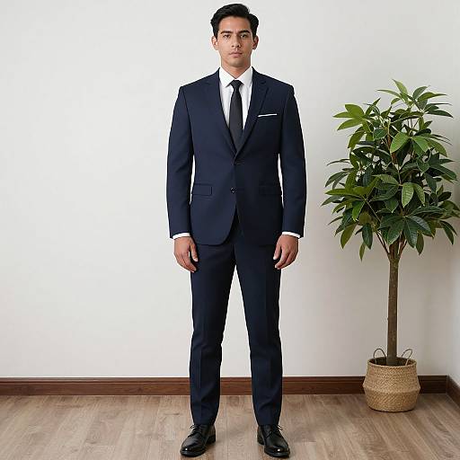 Photograph of a young man with medium skin tone, black hair, wearing a dark navy suit, white shirt, and black tie, standing in front