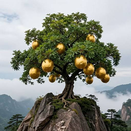 Digital artwork of a lush green tree with large, shiny gold spheres hanging from its branches, perched on a rocky mountain peak, surrounded by misty