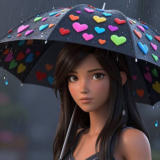 Digital art of a beautiful Asian woman with long black hair holding a colorful heart-patterned umbrella in the rain.