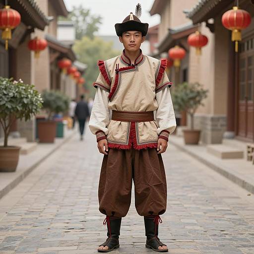 Young Man in Traditional Mongolian Attire on Cobblestone Street