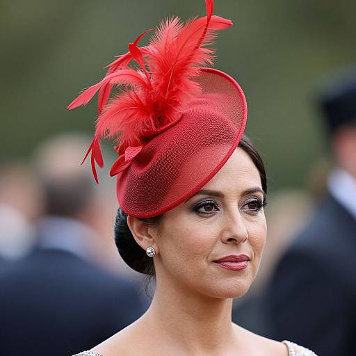 Photograph of a woman with fair skin, dark hair, and red feathered hat, wearing elegant makeup and pearl earrings, set against a blurred outdoor