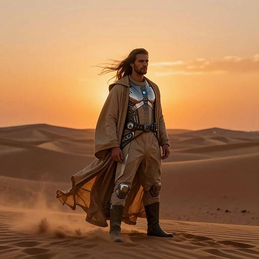 Photograph of a long-haired, bearded man in desert robes and armor standing in a sandy desert at sunset, with orange sky and rolling dunes