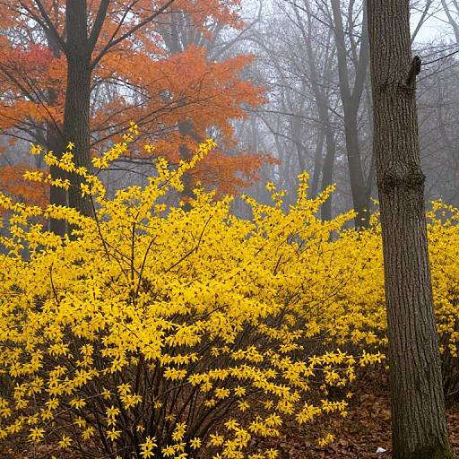 Photograph of a foggy forest with bright yellow autumn leaves on bushes in the foreground, and tall trees with orange and red leaves in the background.