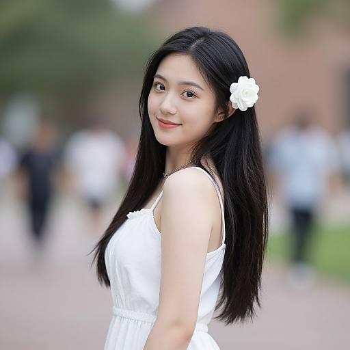 Photograph of an Asian woman with long black hair, wearing a white dress and flower hairpin, smiling outdoors in a blurred park.