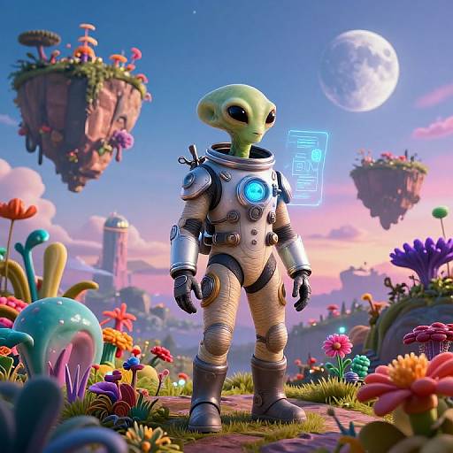 CGI image of a green, alien astronaut with black eyes, standing in a vibrant, colorful, futuristic garden with floating islands, flowers, and a